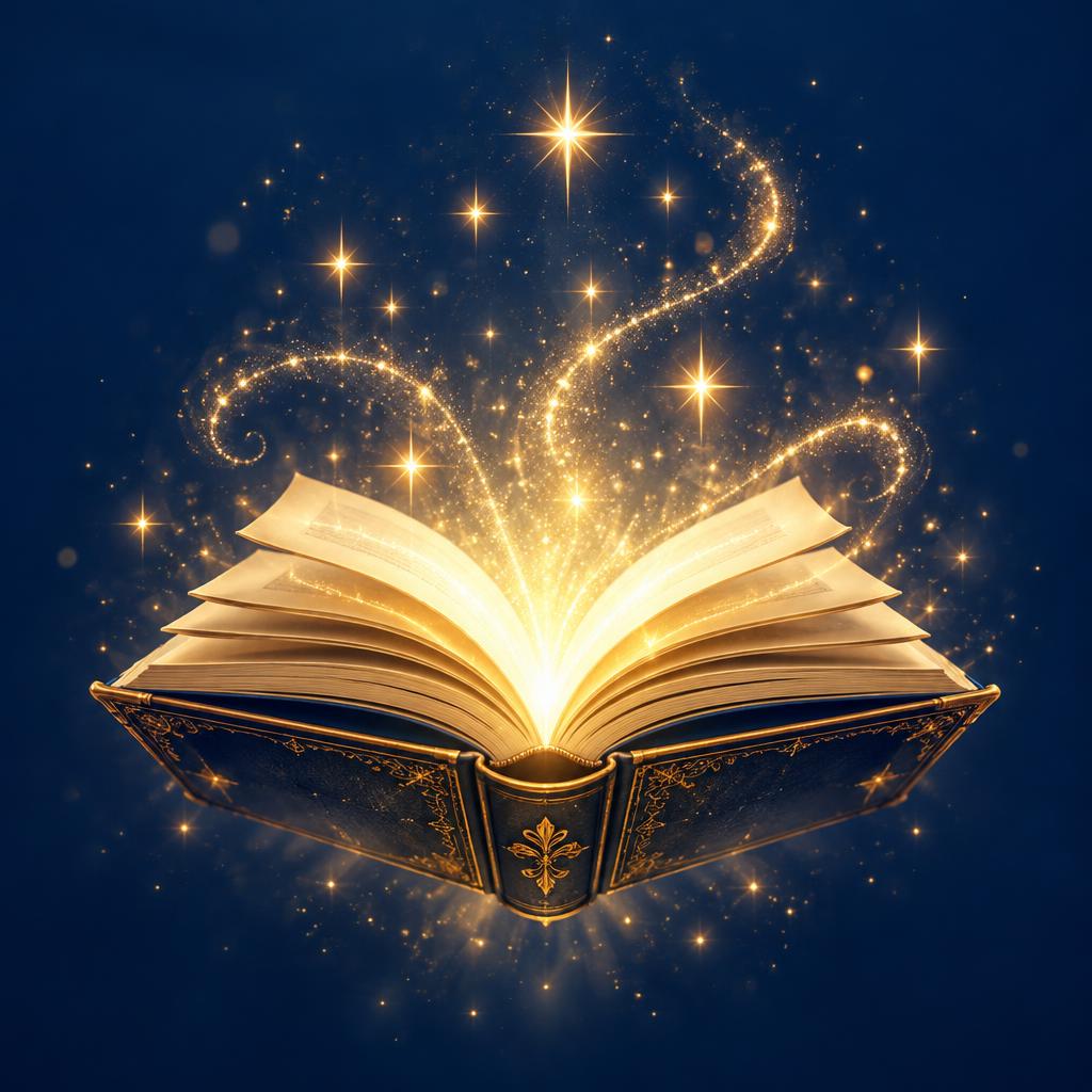 Livro aberto com estrelas douradas