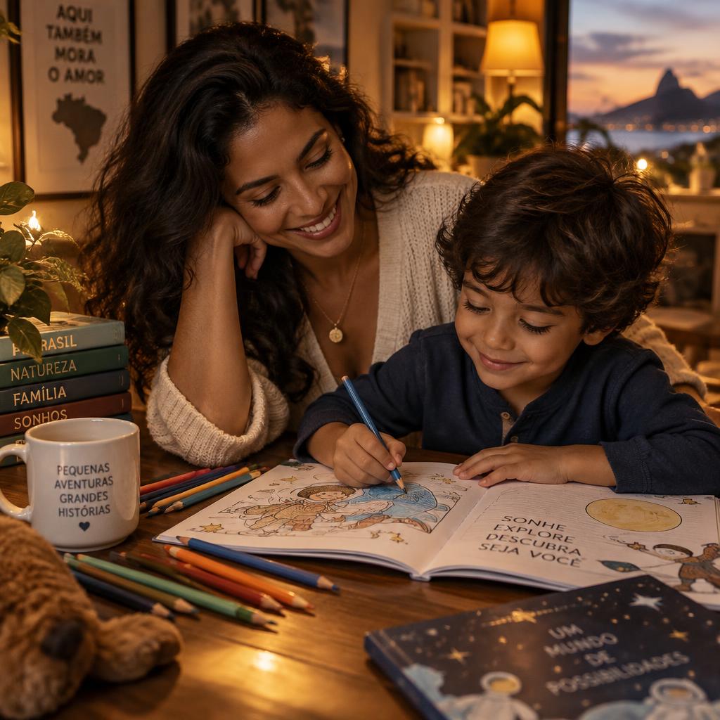 Ilustração fotográfica de uma mãe e seu filho colorindo juntos